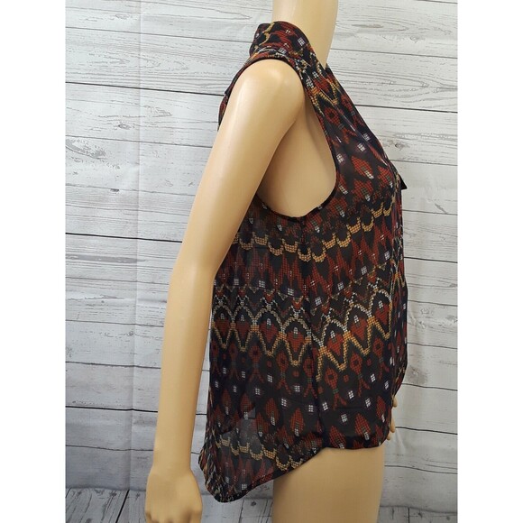 Sans Souci High Low Wrapped Sheer Top Blouse Geometric Red Blue L  New NWT - Picture 4 of 9